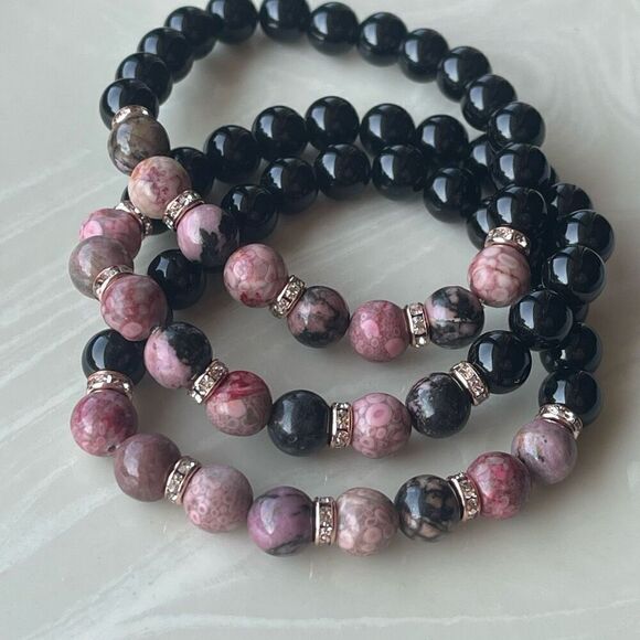 Rose coral jasper rhodonite obsidian ONE stretch bracket NEW handmade rhinestone - Picture 5 of 11